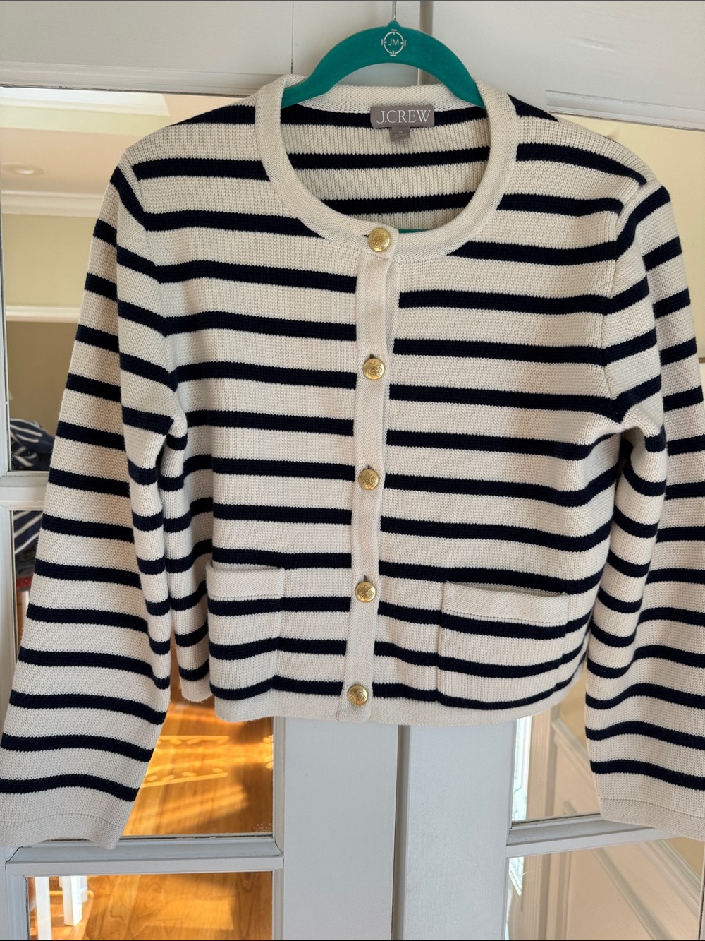 J. Crew Navy and Cream Striped Cropped Button Cardigan